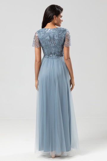 Grey Blue A Line V Neck Long Bridesmaid Dress with Beading